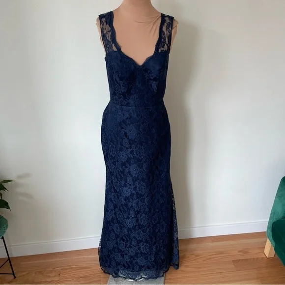 Custom Blue Floral Lace Full Length Illusion Strap V-Back Evening Gown EUC Sz 4 - Picture 1 of 8